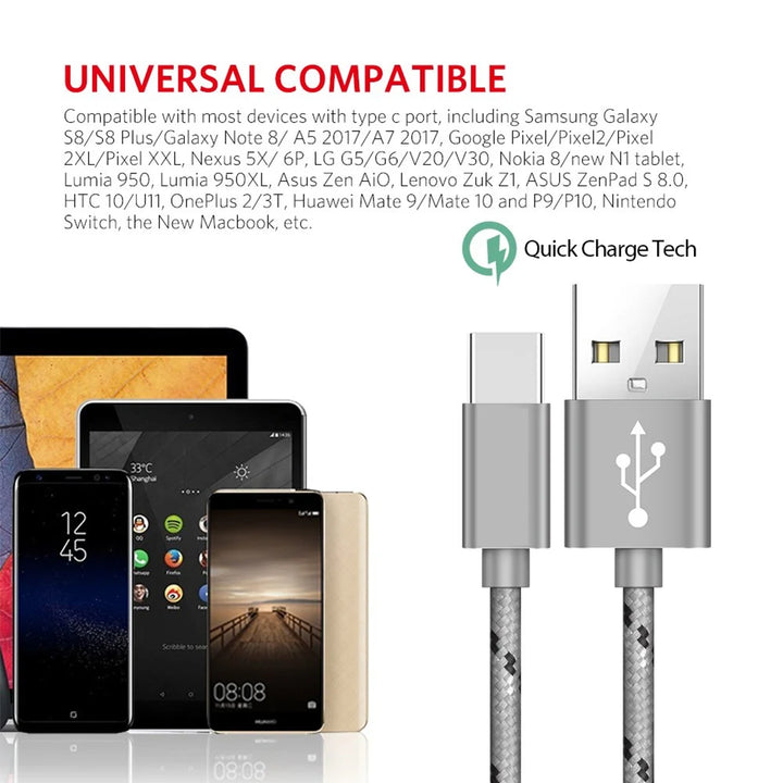 Type C Cable For Samsung S20 S10 Plus Xiaomi Fast Charging Wire Cord USB-C Charger Mobile Phone USBC Type-C Cable